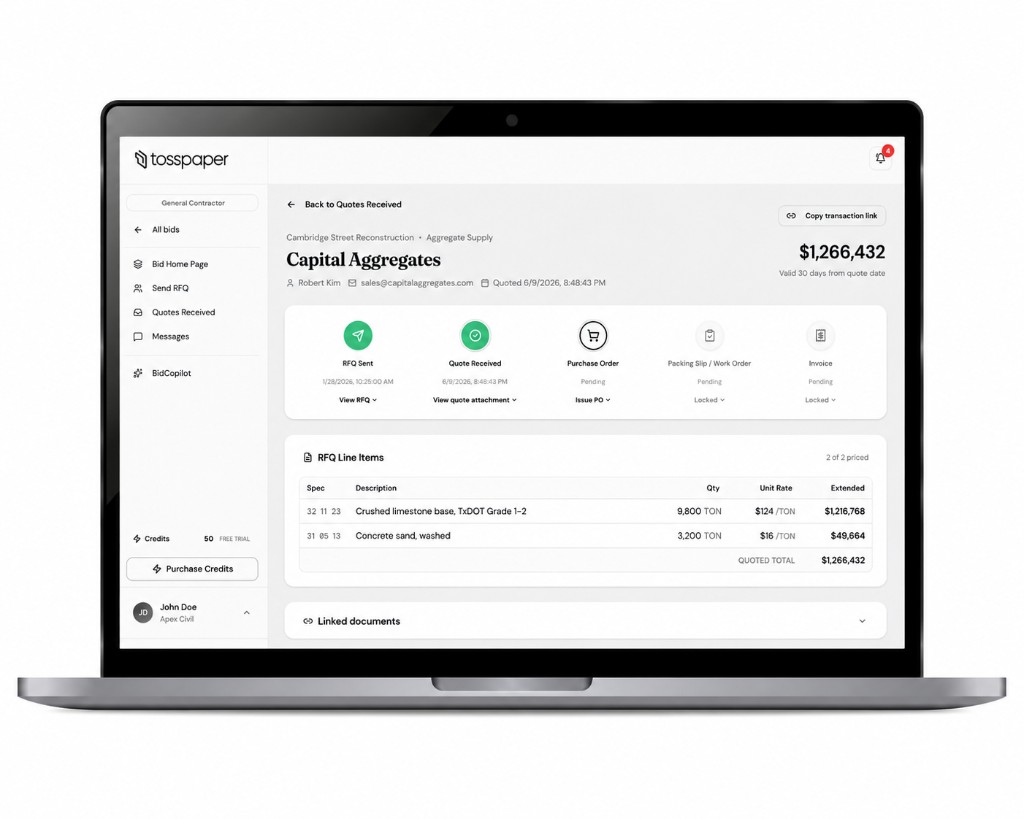 TossPaper dashboard on a laptop showing a received quote for Capital Aggregates