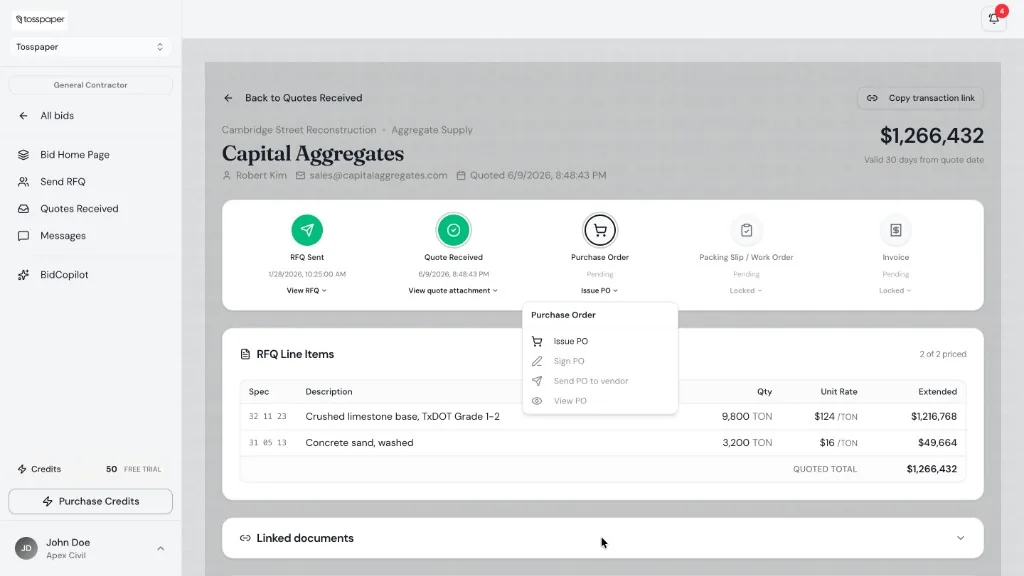 Capital Aggregates quote workflow from RFQ through purchase order in TossPaper